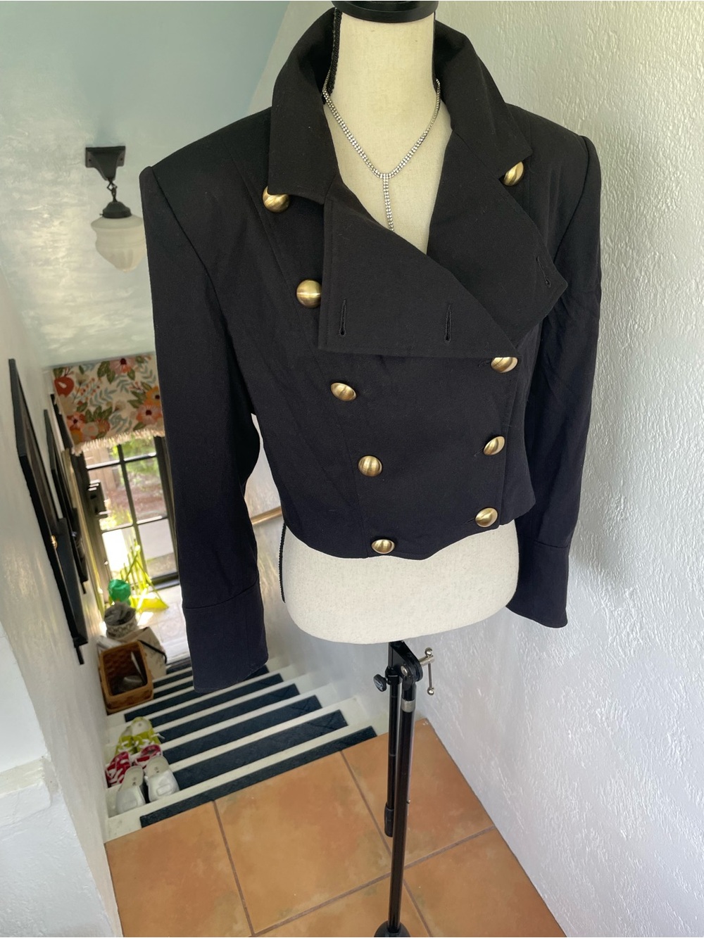 Gantos Vintage Y2K Cropped Double-Breasted Gold Buttoned Black Military Jacket